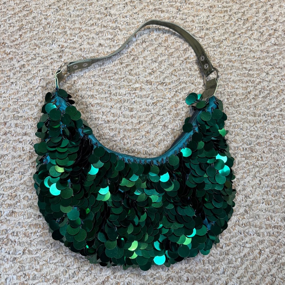 Emerald Green Large Disc Sequin Hobo Bag Metallic Gold Strap Mermaidcore Party